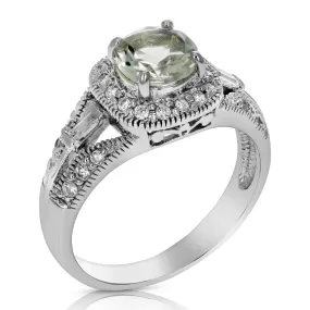 0.80 cttw Green Amethyst Ring .925 Sterling Silver with Rhodium Halo Round 7 MM