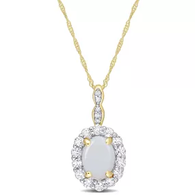 1 1/2 CT TGW Oval Shape Opal and White Topaz and Diamond Accent Halo Pendant with Chain in 14K Yellow Gold