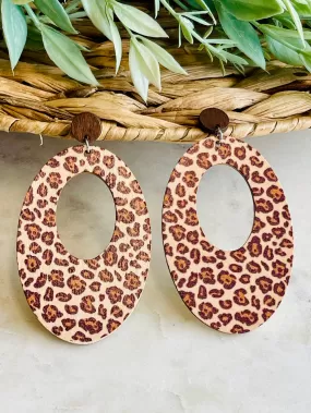 Avery Leopard Wooden Oval Earrings