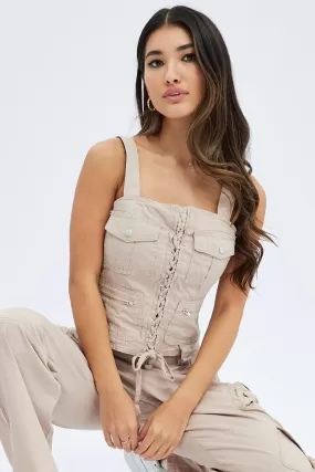 Beige Cargo Top Sleeveless Square Neck Longline Utility