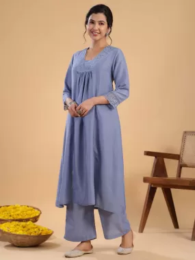 Blue Muslin Yoke Embroidery Panelled Kurta Set