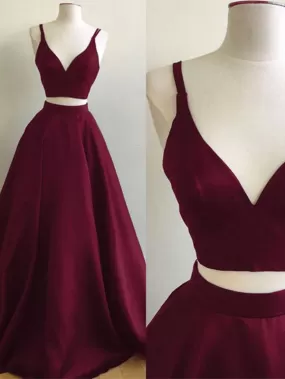 Chic Two Piece Prom Dress Cheap Long Burgundy Prom Dress #ER019