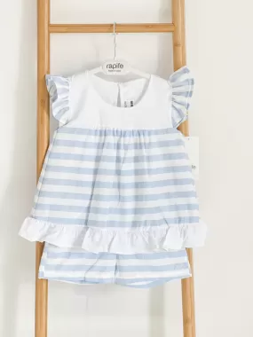 Girls Rapife Blue Stripe Frill T-shirt and Stripe Short Set