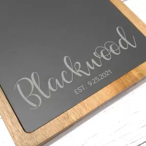 Script Name & Established Date | Acacia/Slate Rectangle Cheese Board