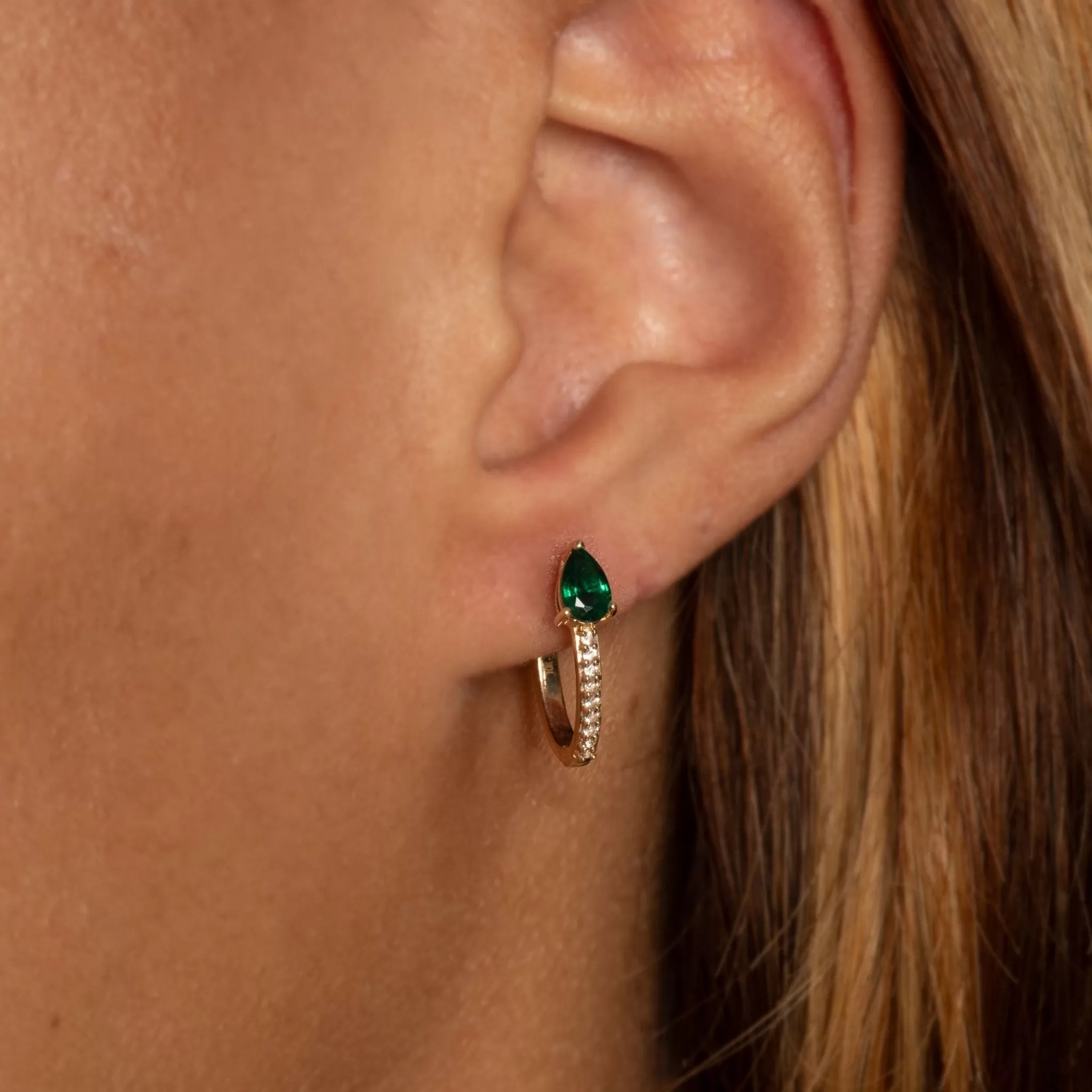 Teardrop Shaped Emerald and White Sapphire Hoop Earrings